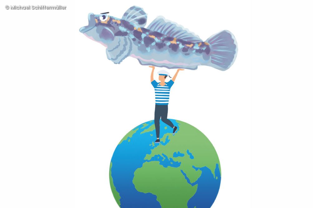 Illustration Weltkugel mit Mann der einen Fisch trägt