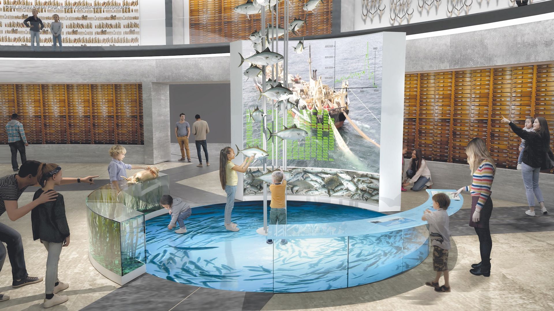 Zusammenschnitt eines Innenraum eines Museums mit Besuchern und einem Wasserbecken