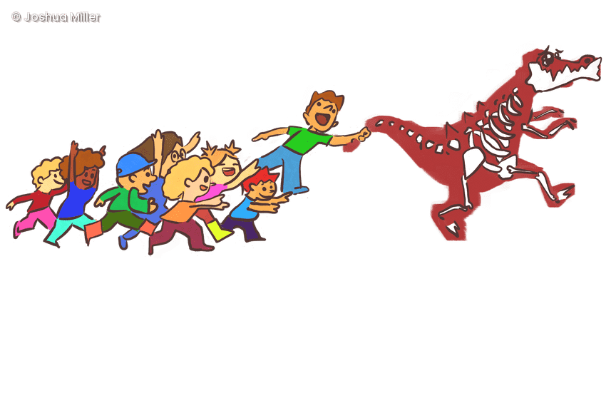Illustration von kleinen Kindern die einem Dinosaurierskelett herlaufen