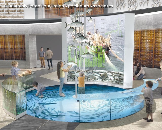 Zusammenschnitt eines Innenraum eines Museums mit Besuchern und einem Wasserbecken